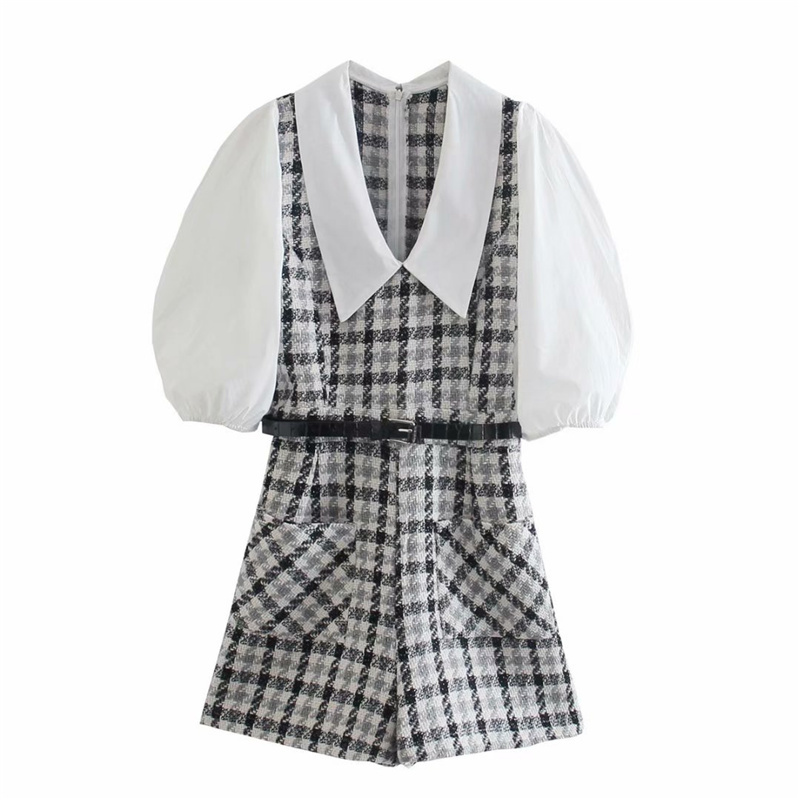 Casual Woman Plaid Tweed Belt Playsuits Summer Fashion Ladies Puff Sleeve Rompers Female Elegant Zipper 210515