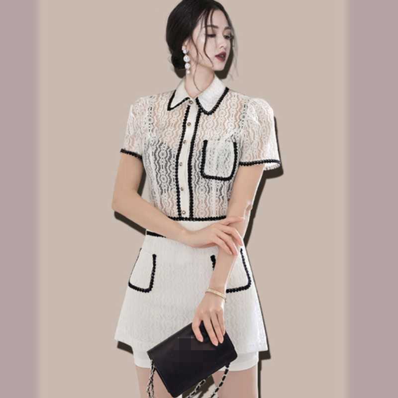 Summer Sexy Hollow Out Lace Women's 2 Piece Sets Lapel Short Sleeve Shirt Tops + A-Line Mini Skirts Office OL Suit 210526, Photo color
Summer Sexy Hollow Out Lace Women's 2 Piece Sets Lapel Short Sleeve Shirt Tops + A-Line Mini Skirts Office OL Suit 210526, Photo color