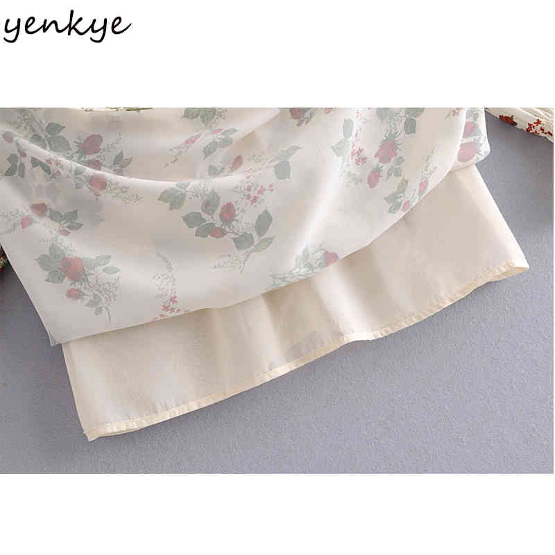 YENKYE Vintage Prairie Chic Floral Print Dress Women High Neck Long Sleeve Casual Summer Chiffon Dress Short Robe Femme 210515