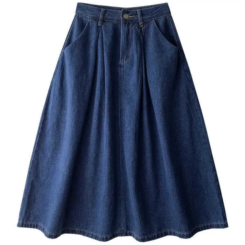 Classic Blue Summer Denim Skirts Womens Pleated Midi Long Jeans Skirt Vintage Sweet Solid Casual Button Loose Party Long Skirt 210619wtt