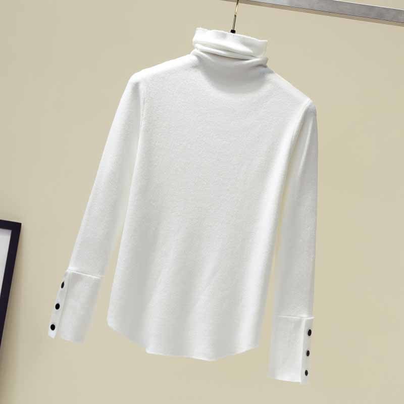 Pullover Button Korean Style Turtleneck Bottoming Sweaters Women Solid Knitted Jumper Slim Chic Cuffs Pull Femme 11796 210508