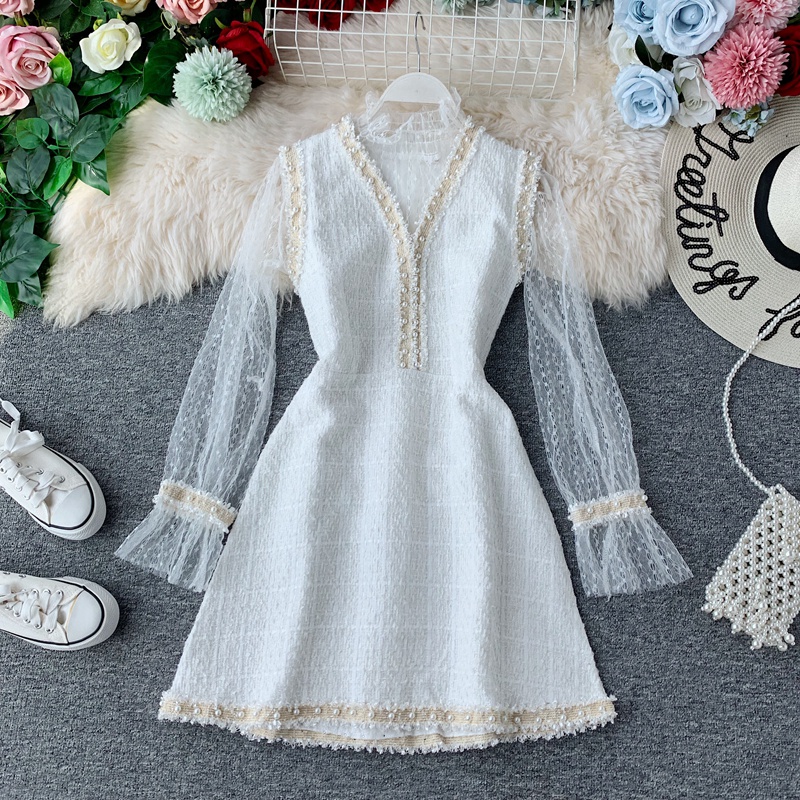 New design womens turtleneck gauze lace long sleeve shirt and v-neck beading tweed woolen a-line tank dress 2 pcs suit
