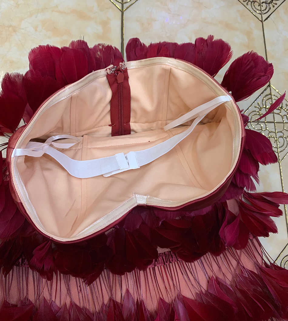 Summer Women's High Quality Burgundy Feather Sexy Strapless Skinny Mini Elegant Nightclub Party Dress Vestidos 210527