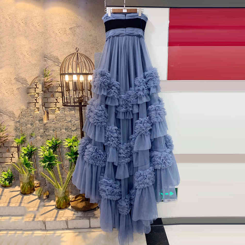 Free Women's Cake Long Dress Sexy Wrapped Chest Sleeveless Laminated Mesh Celebrity Club Party Vesidos 210524