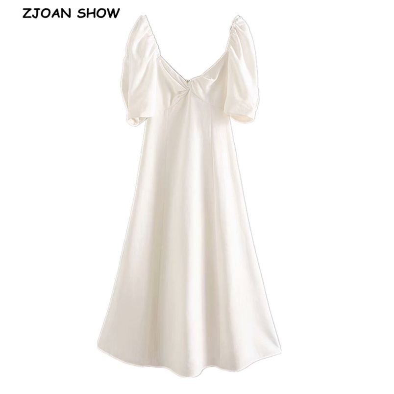 Women Vintage V neck Knik Short Puff Sleeve Dress Retro Backless Slim Waist A line Midi Long Dresses Elegant White Vestido 210429