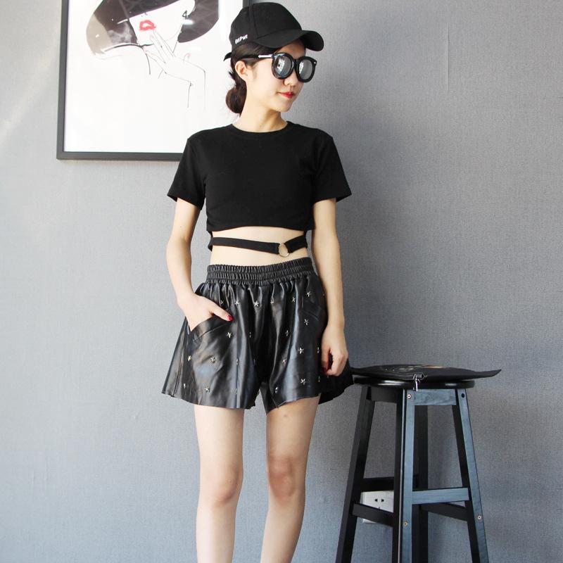 Brand Women Punk Star Rivet Wide Leg Harem Trousers Casual Loose Fit Elastic Waist Sheepskin Genuine Leather Female Shorts Women's