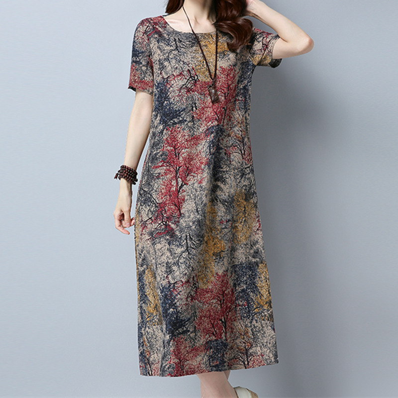 Cotton Linen Summer Dress Women Loose Plus size Casual Dress OL work Wear vintage Print beach Sundress dresses vestidos 210323