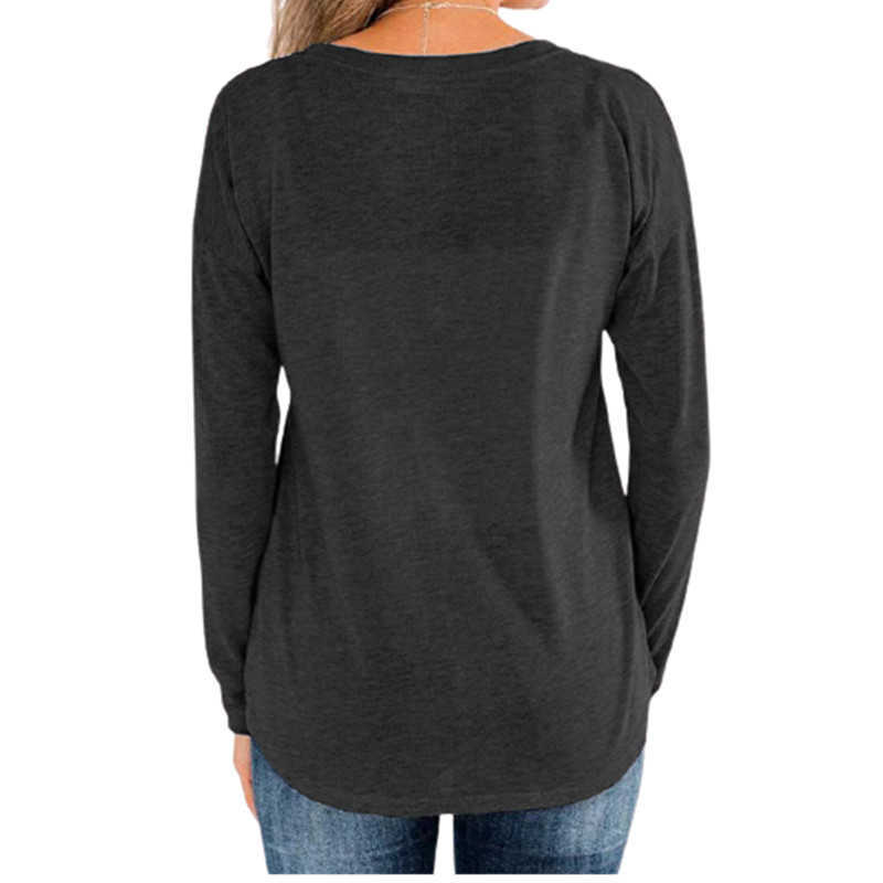 Plus Size Long Sleeve Women T-Shirts Casual Solid Color V Neck Buttons Loose Female Tee Tops Autumn Spring Pullover T Shirts 210526