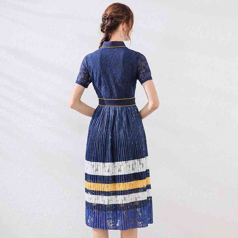 Summer Woman Lace Pleated Dress Striped Blue Ladies Slim Short Sleeve Party Female Casual Dresses 210506
