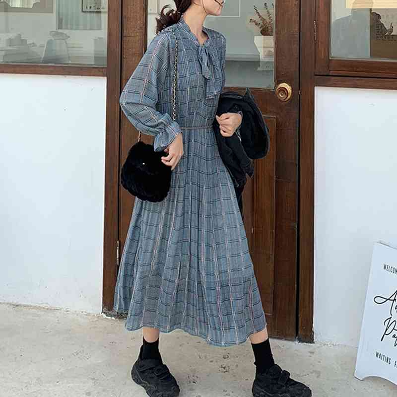 Korean Long Sleeved Print Pleated Dress Fashion Floral Vintage Elegant Clothes Spring Lady Chiffon 8538 50 210506