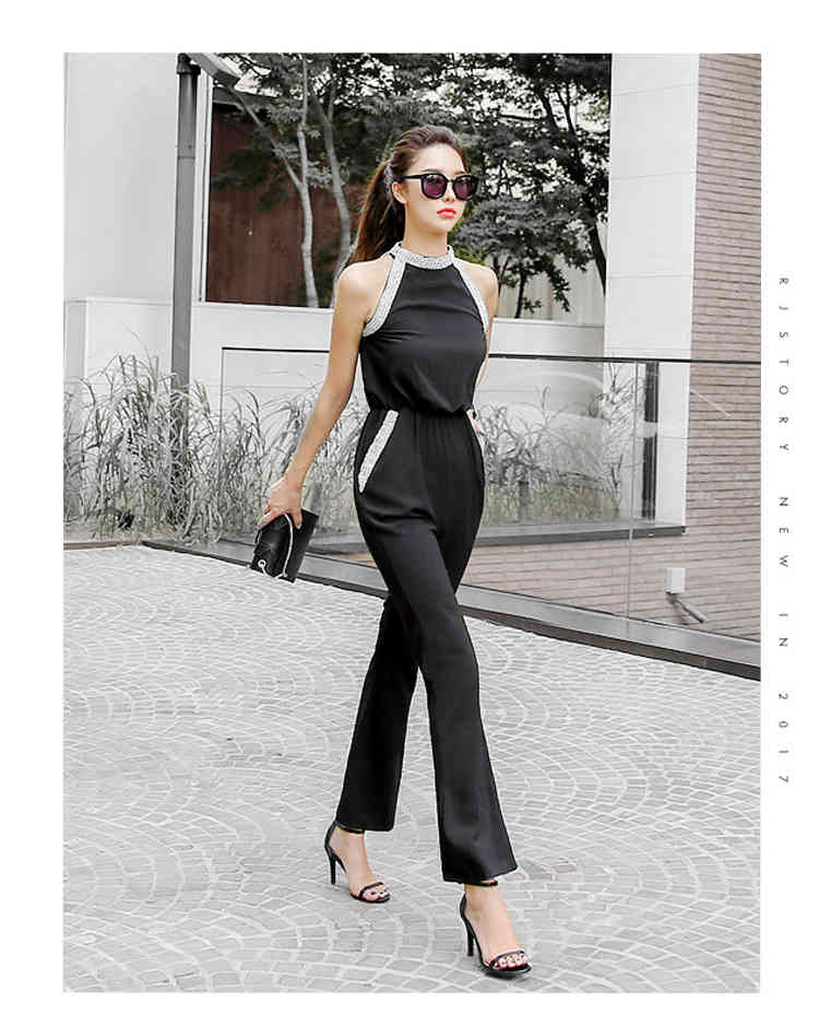 Summer Off Shoulder Romper Jumpsuit Women Office Ladies Beaded Boot Cut Female Fashion Black Overalls 210519