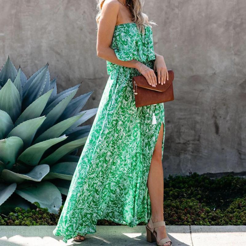 Women Dress Strapless Printed Bohemia es Sexy Long Print Floral Maxi Ruffle Split Plus Size Summer es 210513