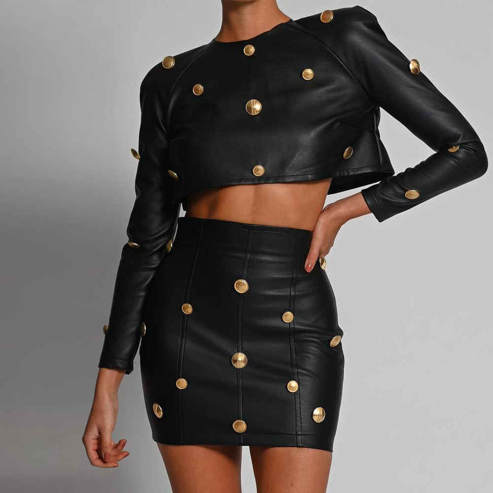 Summer Women Black PU Beading Club 2 Two Pieces Sets Sexy Long Sleeve Tops&Mini Skirt Celebrity Runway Party 210423