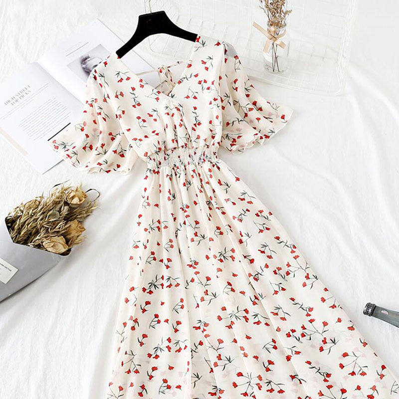 Summer Dress Women Short Sleeve Ruffled Chiffon Dresses Elegant Vestidos Sexy V-neck Floral Print Beach Midi Dress 210521