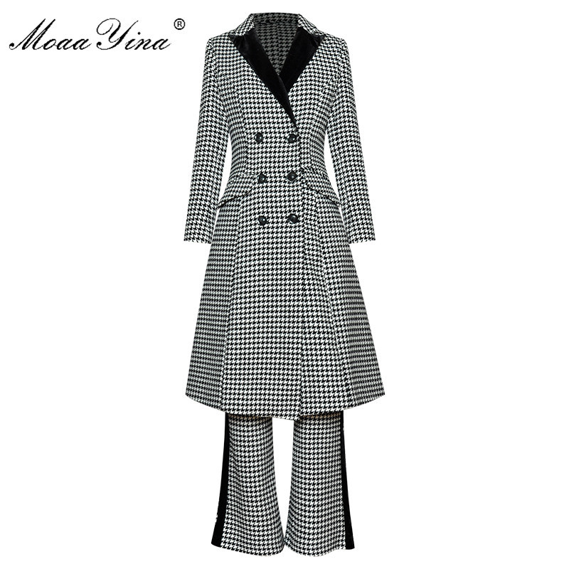 Winter Fashion Set Women's Lantern Sleeve Double breasted Windbreaker Overcoat Tops+Trousers Houndstooth Two-piece set 210524, Black