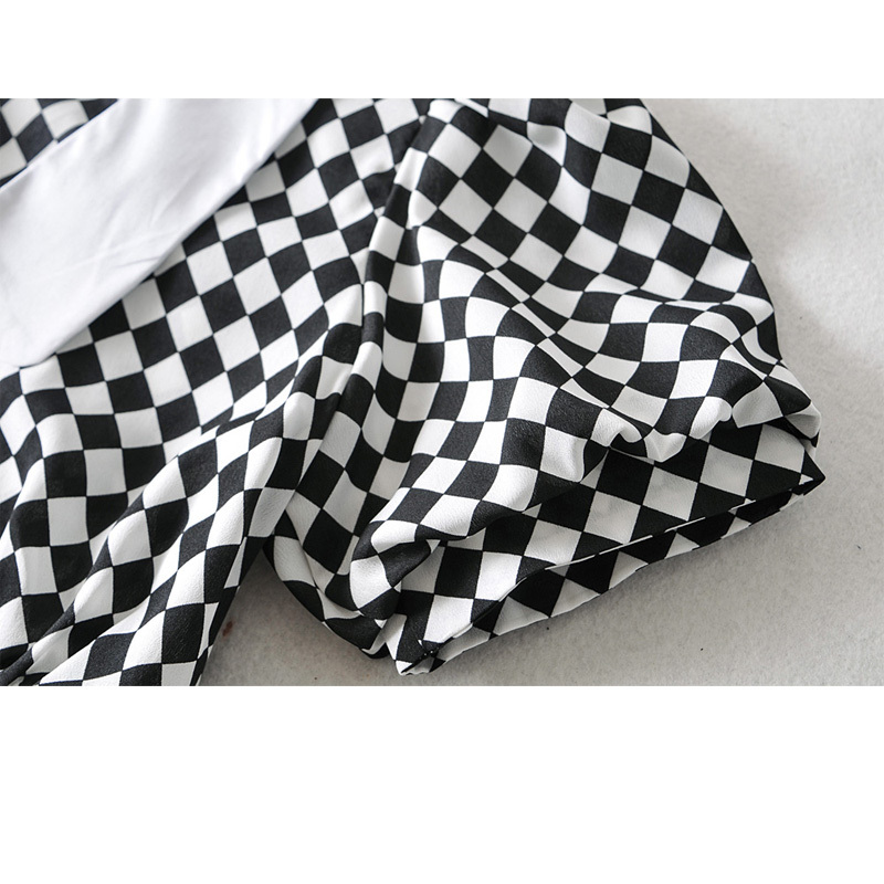 Black White Plaid Short Waist Korean Stitching V-neck Female Shirt French Elegant Small Fragrance Nails Sweet Women's Tops 210507