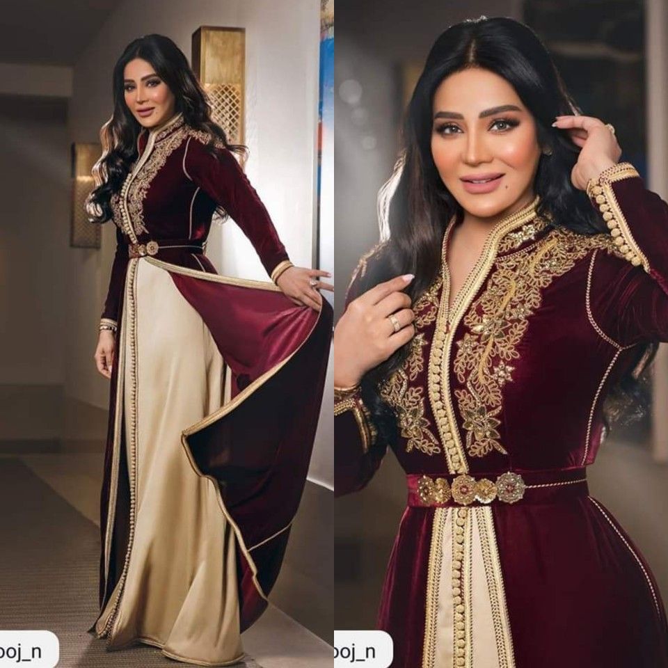 Vintage Burgundy Moroccan Kaftan Evening Dress 2021 V Neck Long Sleeve Gold Lace Arabic Prom Dresses Beaded Formal Party Gowns Vestidos Robe De Soirée