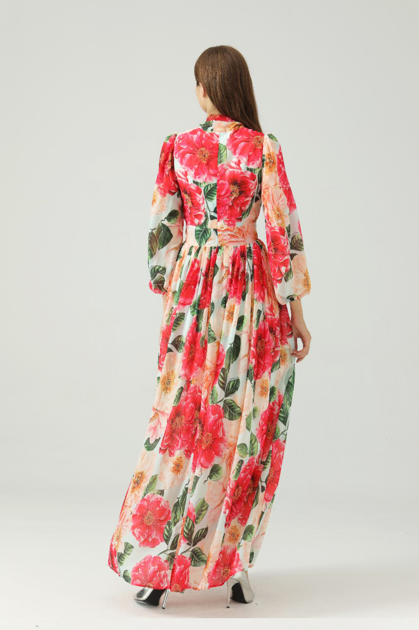 Women's Runway Dresses Lace Up Bow Collar Long Sleeves Floral Printed Elegant Maxi Dress Party Prom