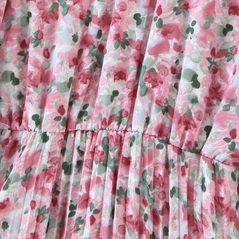 Casual Woman Pink Print A-Line Chiffon Long Dress Spring Fashion Ladies Drapped Dresses Female Sweet Holiday 210515