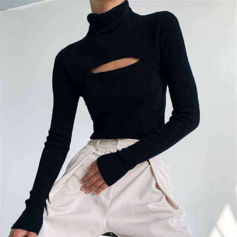 Women's Turtleneck Long Sleeve Slim Pullovers Autumn Solid Hollow Out Fashion Sweater Ladies Sexy Ofiice Lady Clothes 211109