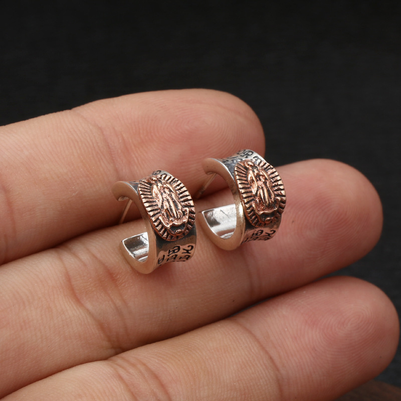 High quality 925 sterling silver vintage C type stud earring American European punk gothic antique handmade designer jewelry Mother of God ear accesso