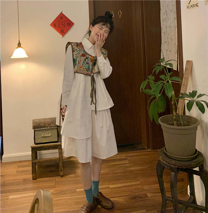 Floral Vest Tops + White Puff Long Sleeve Lapel Irregular Shirts Dress Women Summer Korean Fashion Chic Casual Sets 210429