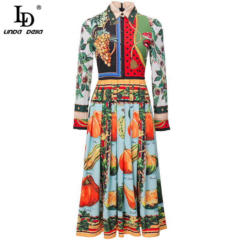 Summer Fashion Runway Vintage Dress Women Long Sleeve Multicolor Fruits Vegetables Print Midi Elegant 210522
