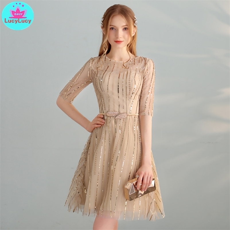 summer Korean version of the party socialite daily dating slim slimming gold dress O-Neck Knee-Length Zippers 210603
summer Korean version of the party socialite daily dating slim slimming gold dress O-Neck Knee-Length Zippers 210603