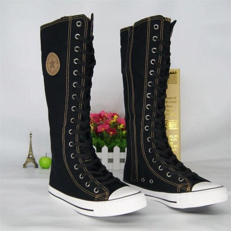 Women High Top Casual Canvas Shoes Gothic Fashion Punk Style Women Long Boots Ladies Knee High With Side Zipper Canvas Shoes #RX9v