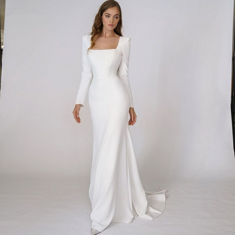 Simple Crepe Mermaid Wedding Dresses 2021 Square Stain Long Sleeve Trumpet Backless Bohemian Beach Bridal Dress Robes