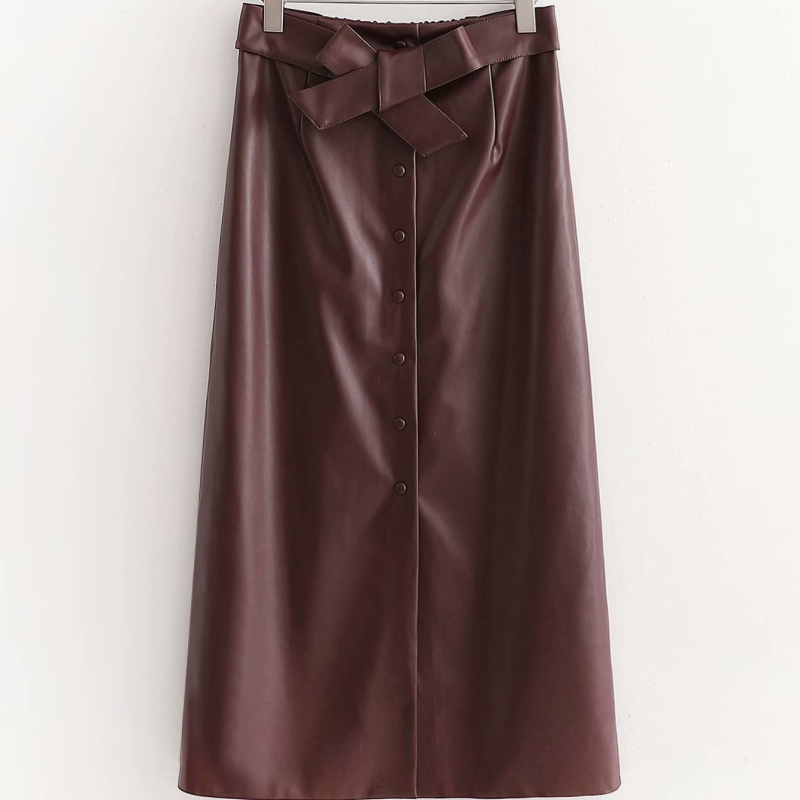 Vinatge Woman Burgundy Leather Thick Stretchy Skirts Autumn Winter Fashion Ladies Pu Straight Skirt Female Button 210515