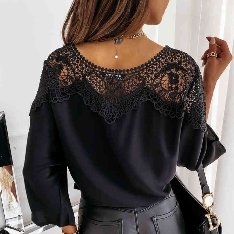 Autumn Lace White Blouse Women O-Neck Crochet Floral Long Sleeve Shirt Embroidery Casual Sexy Office Ladies Top Femme 12459 210427