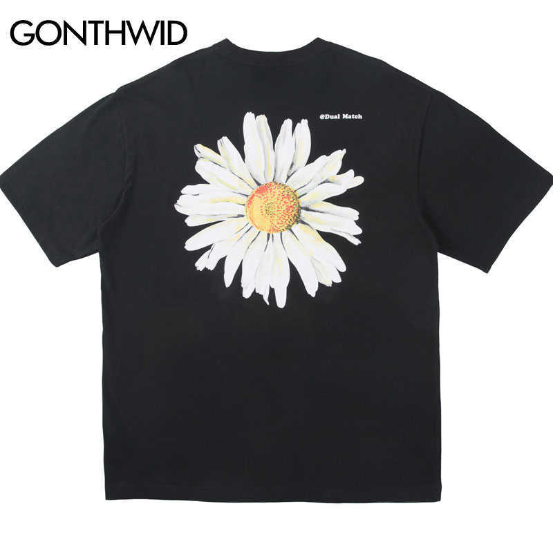 GONTHWID Harajuku Daisy Flower Print Tshirts Casual Streetwear Short Sleeve Tops Tees Men Hip Hop Fashion Summer T Shirts Male 210623