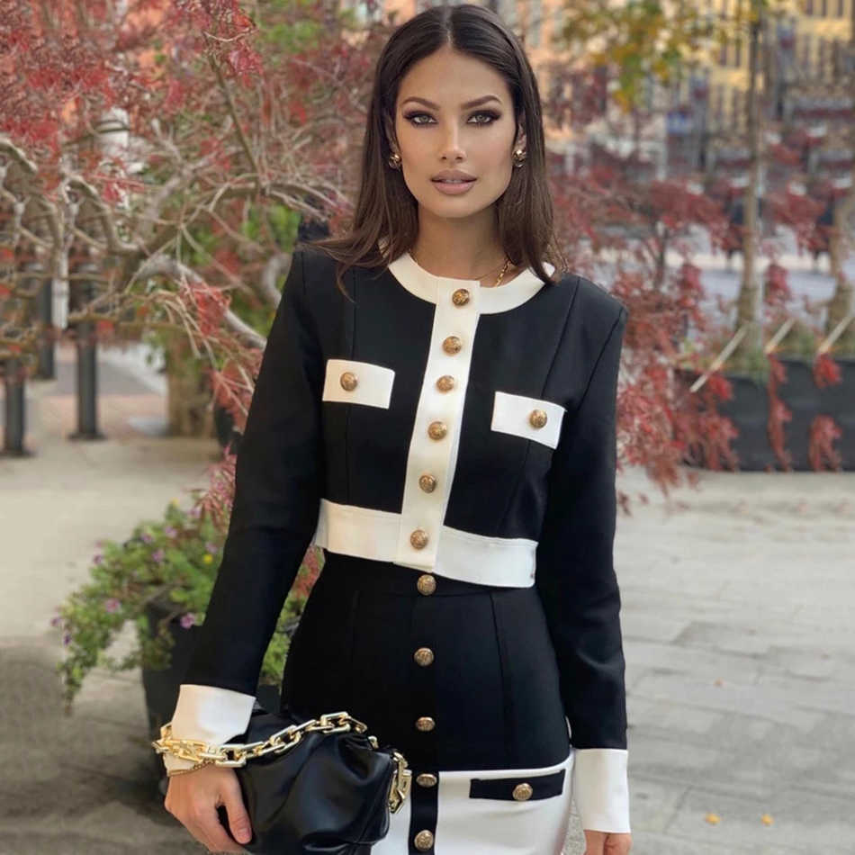 High Street Summer Patchwork 2 Two-Piece Set O-Neck Long Sleeve Pocket Button Mini Bandage Dress Female Short Set 210825