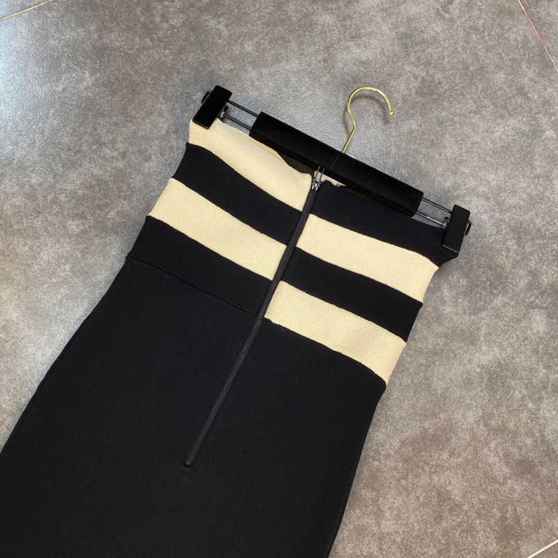 DEAT Women Elastic Temperament Contrast Color Striped Slim Bra High Waist Mid Dress Fashion Spring Summer 11B052 210709