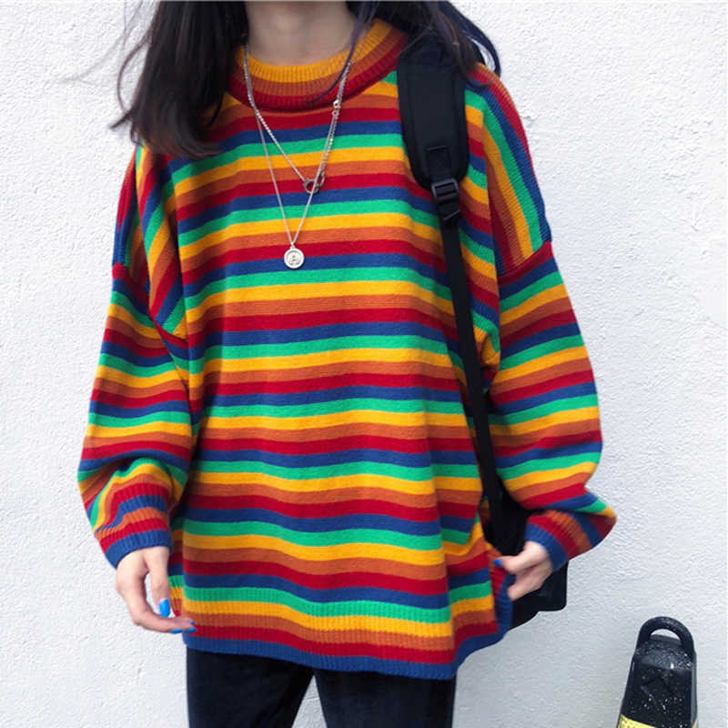 Women's Jumper Cute Kawaii Loose Ins Thick Style Colorful Striped Sweater Lady Harajuku Chic Sweaters For Women Retro 210812