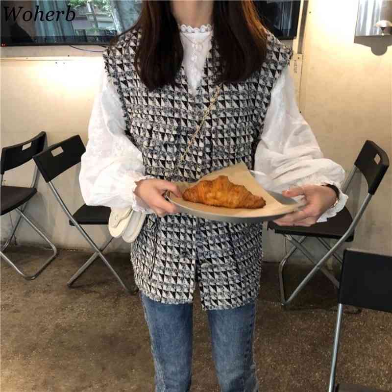 Spring Suit Women Retro Tweed Grid Vest Jacket long Sleeve Solid O Neck Shirt Korean Fashion Elegant 2 Piece Set Female 210519