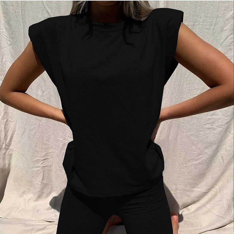 Summer Shoulder Pad T-shirts O Neck Sets Khaki Sleeveless Two Piece Set Crop Top and Shorts Drawstring 2 Piece Women Set Outfits 210709