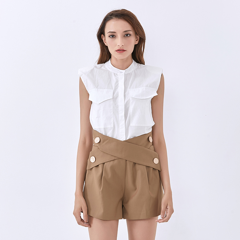 Casual White Blouse For Women Stand Collar Sleeveless Solid Minimalist Shirt Female Summer Fashion 210524