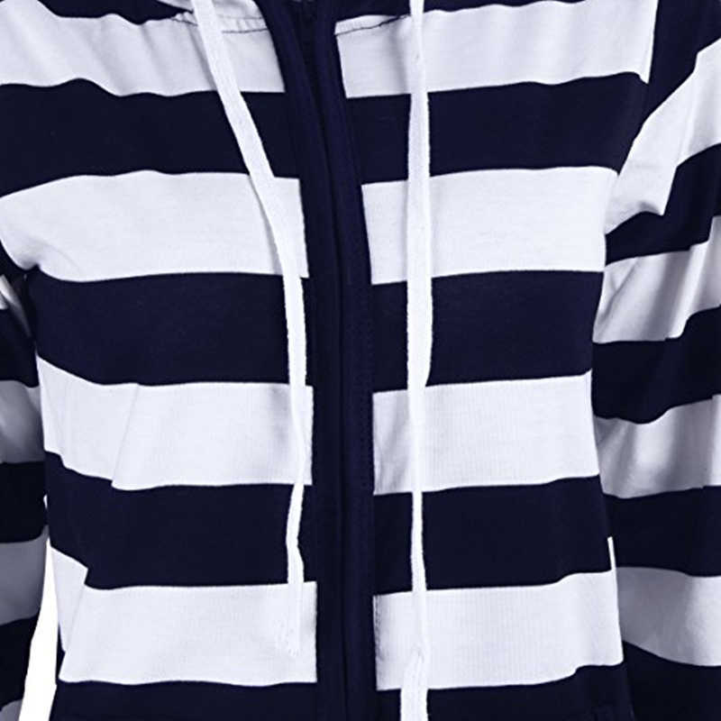 Autumn Women Striped Hoodies Sweatshirt Long Sleeve Hooded Zipper Pockets Jackets Casual Plus Size Tracksuit Female Clothes 210927