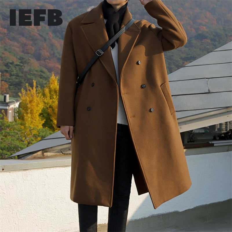 IEFB /men's wear mid-length woolen coat men's autumn winter thickened woolen coat fashion double breasted long coat 9Y3900 211122