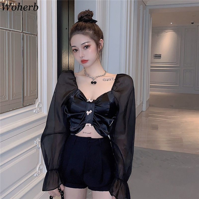 Blouse Women See Through Puff Sleeve Crop Tops Korean Fashion Chiffon Blusas Mujer Sexy Lady Pleated Blouses 95388 210519