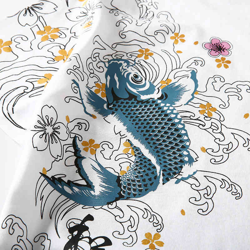 IEFM Men's Embroidery T-shirt Short Sleeve Round Neck Chinese Style Carp Pattern Cotton Tops Loose Tops 9Y6014 210524