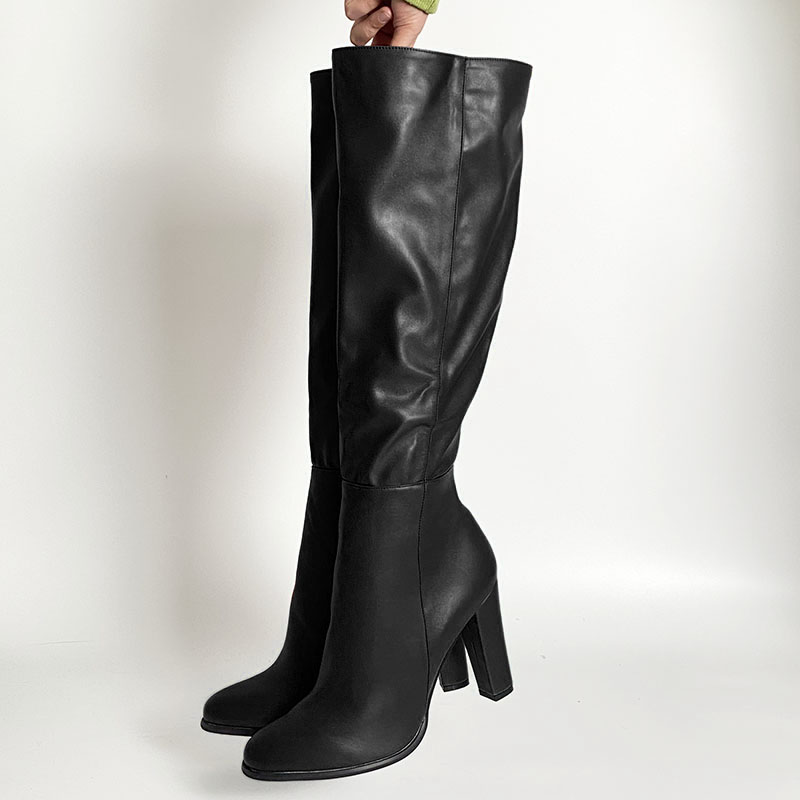 Rontic High Quality Handmade Women Winter Knee Boots Side Zipper Chunky Heels Round Toe Black Dress Shoes Plus US Size 5-20