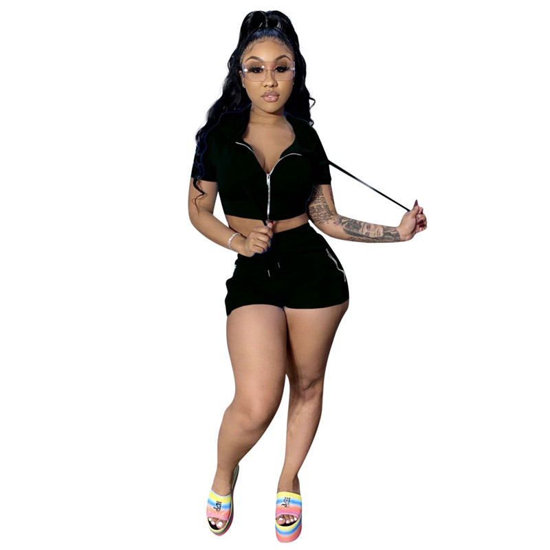 Women Summer outfits Jogger Suits tracksuits Solid Clothes Short Sleeve Hooded Jacket shorts Two Piece Set Casual Black sweatsuits