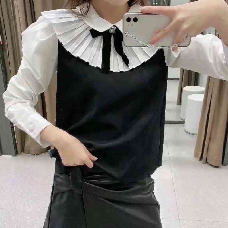 Spring Women Bow Tie Black White Splicing Blouse Female Nine Quarter Sleeve Shirt Casual Lady Loose Tops Blusas S8357 210430