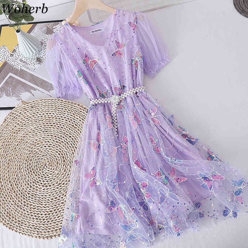 Elegant Lace Dress Women Sweet Mesh Robe Harajuku Butterfly Sequined Patch Kawaii Dresses Summer Casual Y2k Vestido 210519
