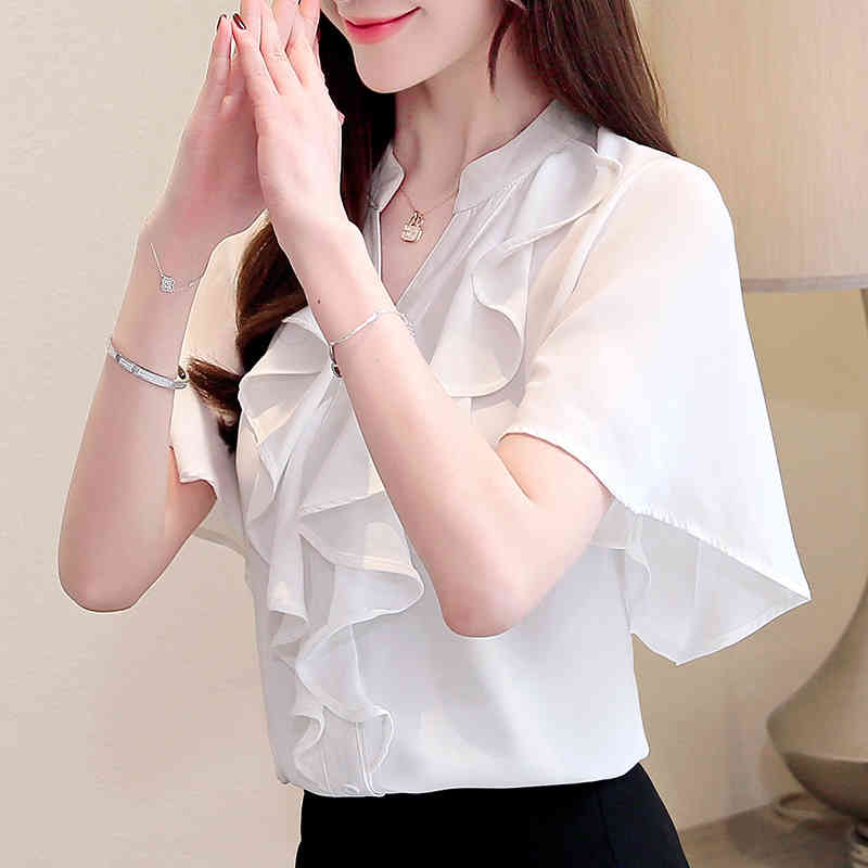 blusas mujer de moda women blouses short sleeve V-neck white chiffon blouse shirts s tops and 3780 50 210508