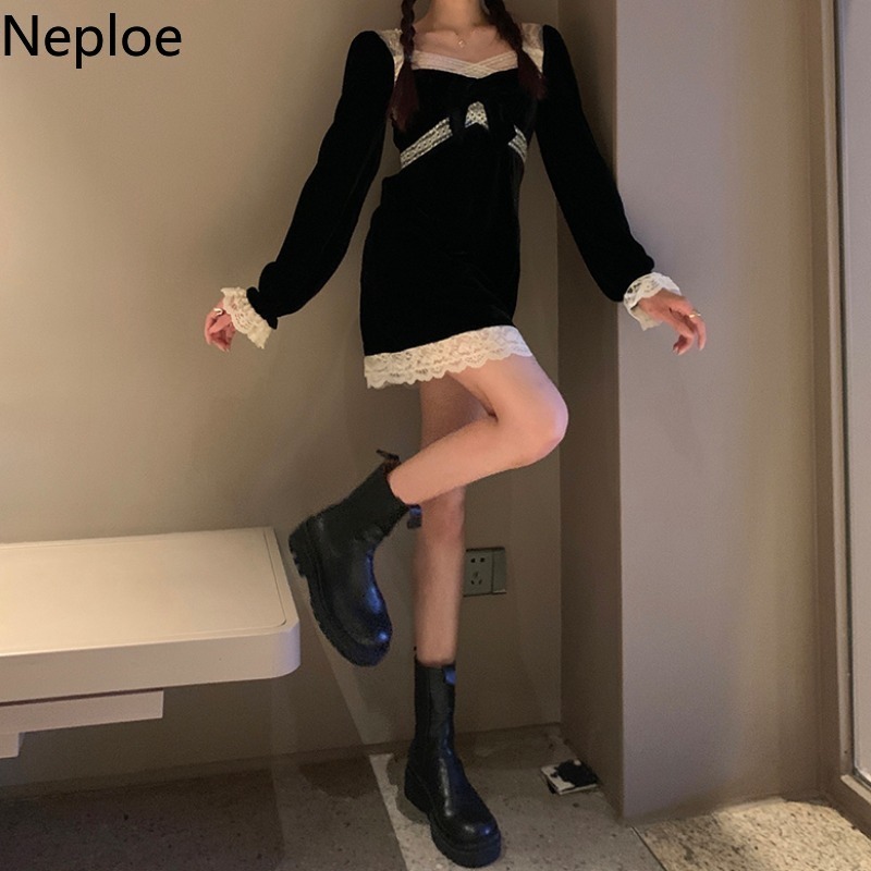 Neploe Korean Vintage Velvet Dress Autumn Winter Temperament Vestidos Lace Patchwork Square Collar Black Mini Dresses Women 210422