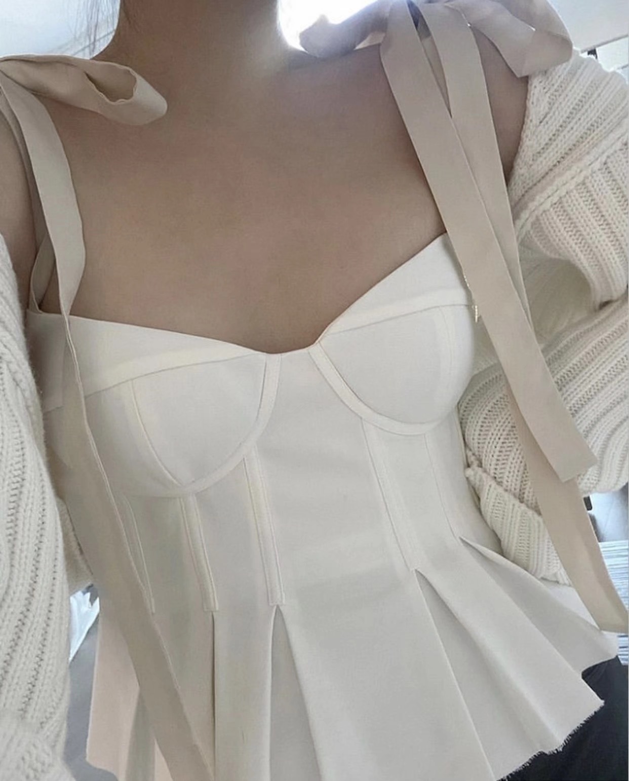 Summer Tie Bow Strap Patchwork White Pleated Camis Women Retro Girl Sexy Slim Crop Top Short Tees 210429